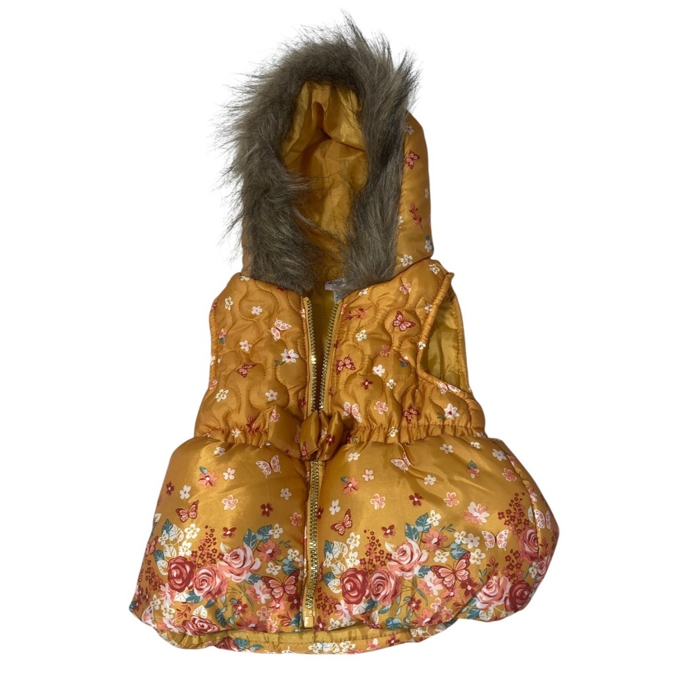 Little Lass Baby Girls 2T Faux Fur Hood Floral Butterfly Puffer Winter Vest